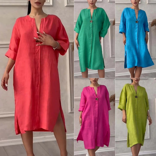 Women's Cotton And Linen Solid Color Casual Round Neck Button Length Dress