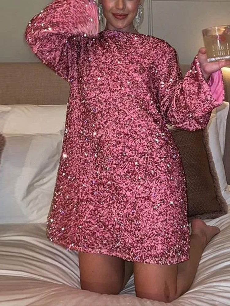 Sequined Back-Bowed Dress Fashion Round Neck Long Sleeve Dresses For Party Daily Shopping Women