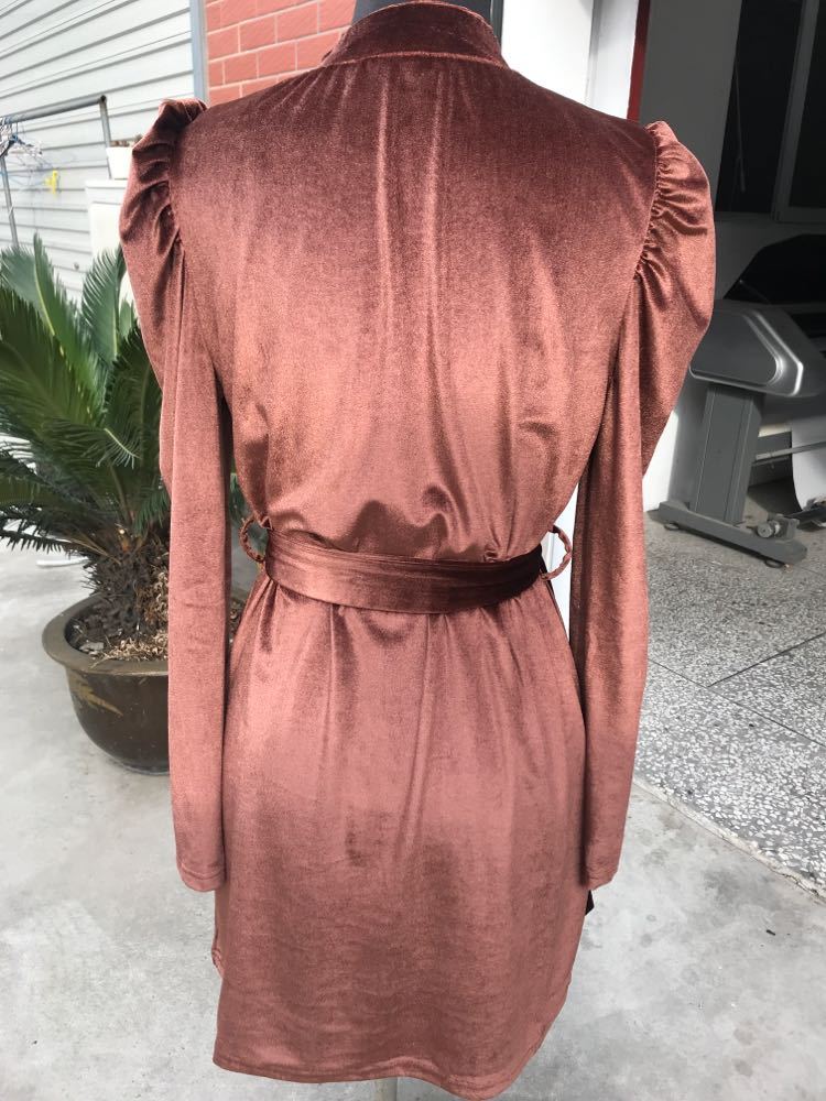 Gold velvet puff sleeve autumn and winter dress