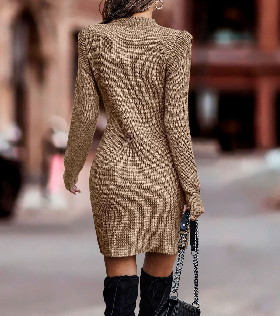 Solid Long Sleeve Sexy Knitted Sweater Dress