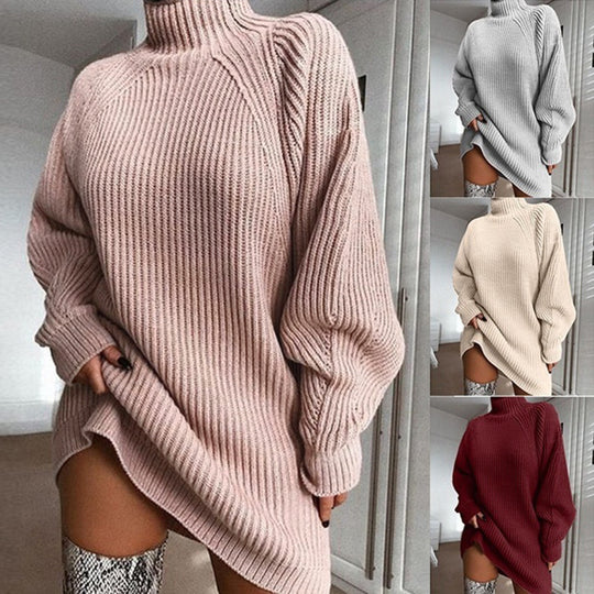 Women's Solid Turtleneck Long Winter Sweater Dress