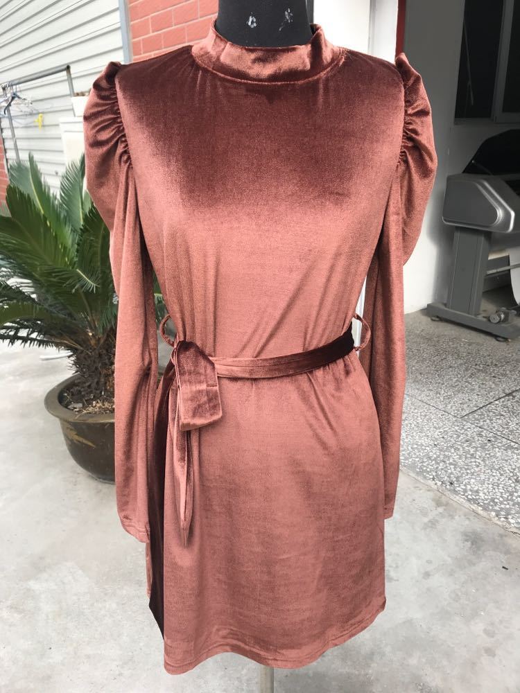 Gold velvet puff sleeve autumn and winter dress