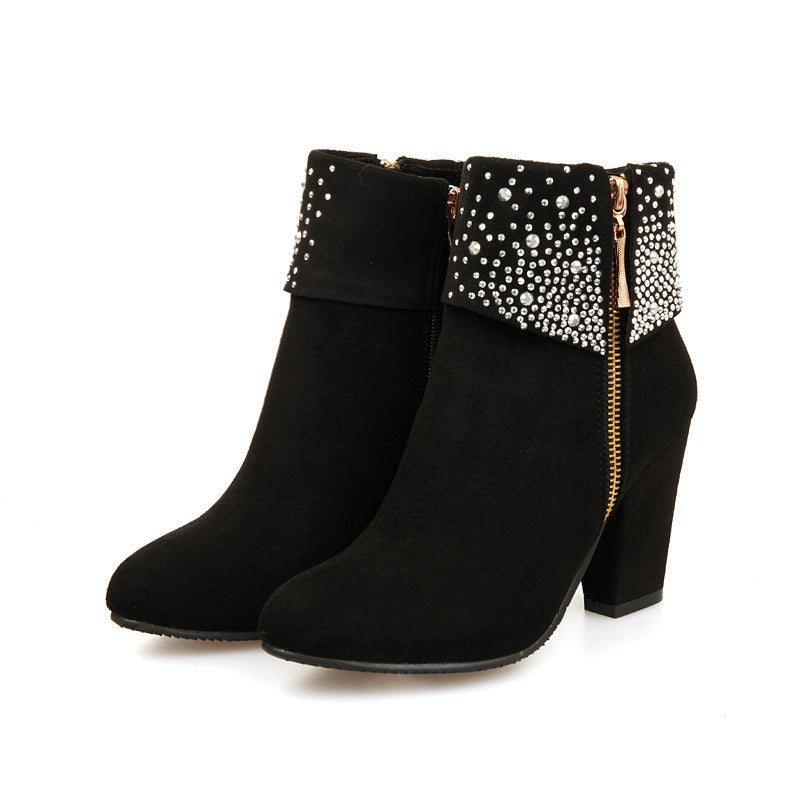 Rhinestone nubuck short heel women boots