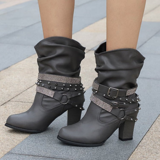 Rhinestone Belt Buckle Women Round Toe Sleeve Women Leather Boots