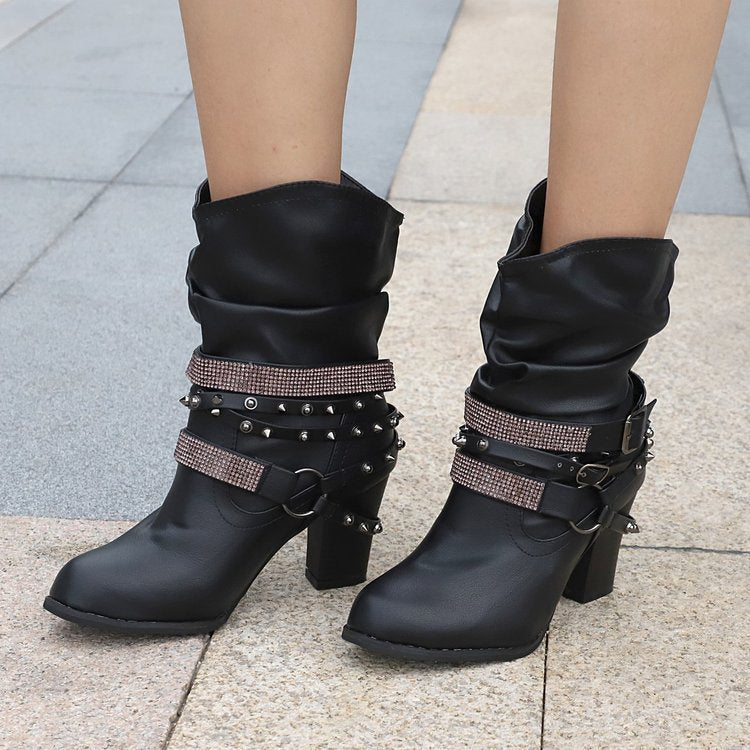 Rhinestone Belt Buckle Women Round Toe Sleeve Women Leather Boots