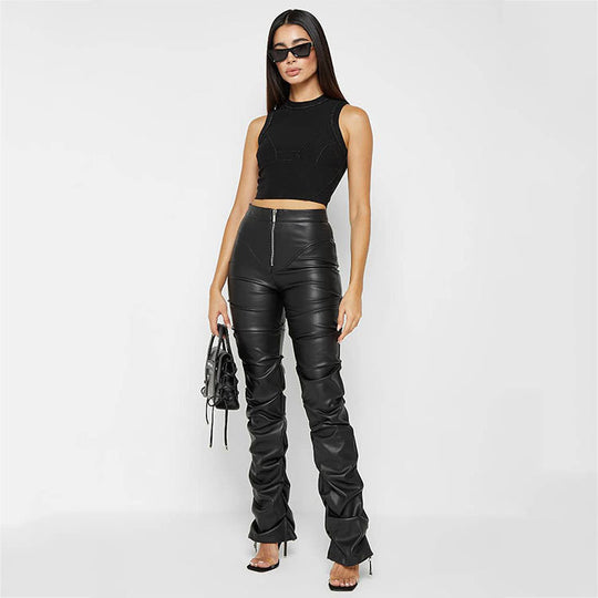 Tight PU Personalized Leather Shrinkage Bootcut Trousers