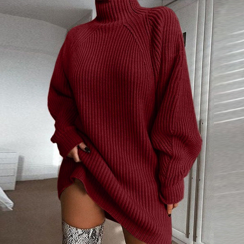 Women's Solid Turtleneck Long Winter Sweater Dress