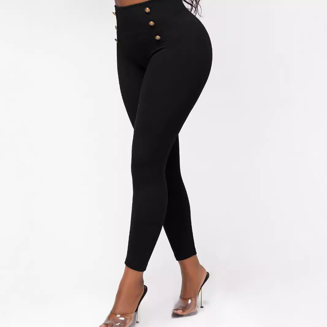 High Waist Button Solid Color Slim Fit Hip Skinny Pants