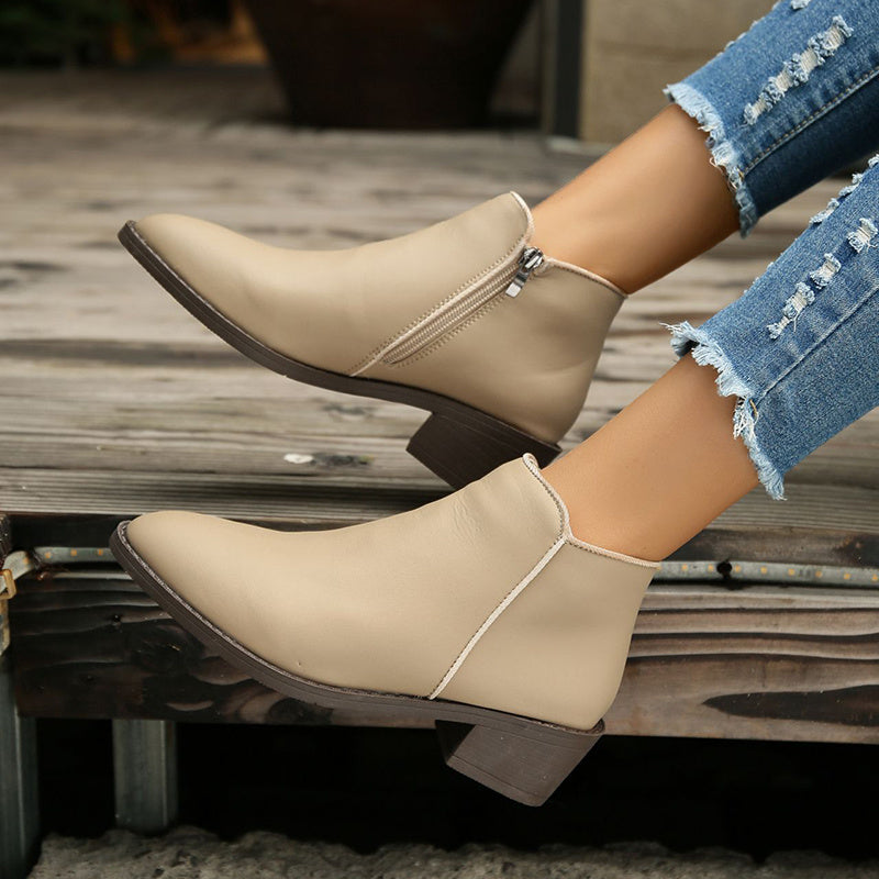 Ankle Boots Women Chunky Mid Heel Shoes Waterproof Side Zipper Boots