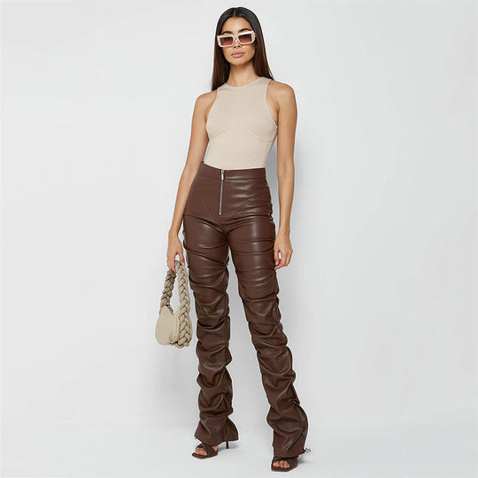 European And American Fashion Tight PU Leather Trousers Personalized Shrinkage Bootcut Trousers Women