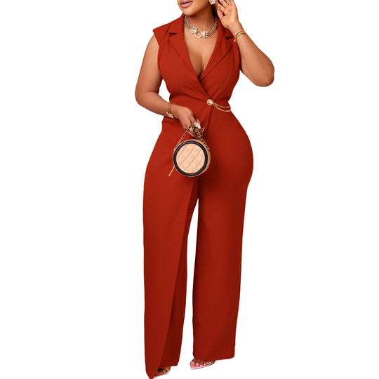 Elegant Elegant Suit Collar Tight Waist Chain Loose Wide Leg Jumpsuit