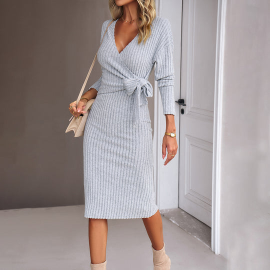 Amazing V-neck Long Sleeve Knitted Tied Dress