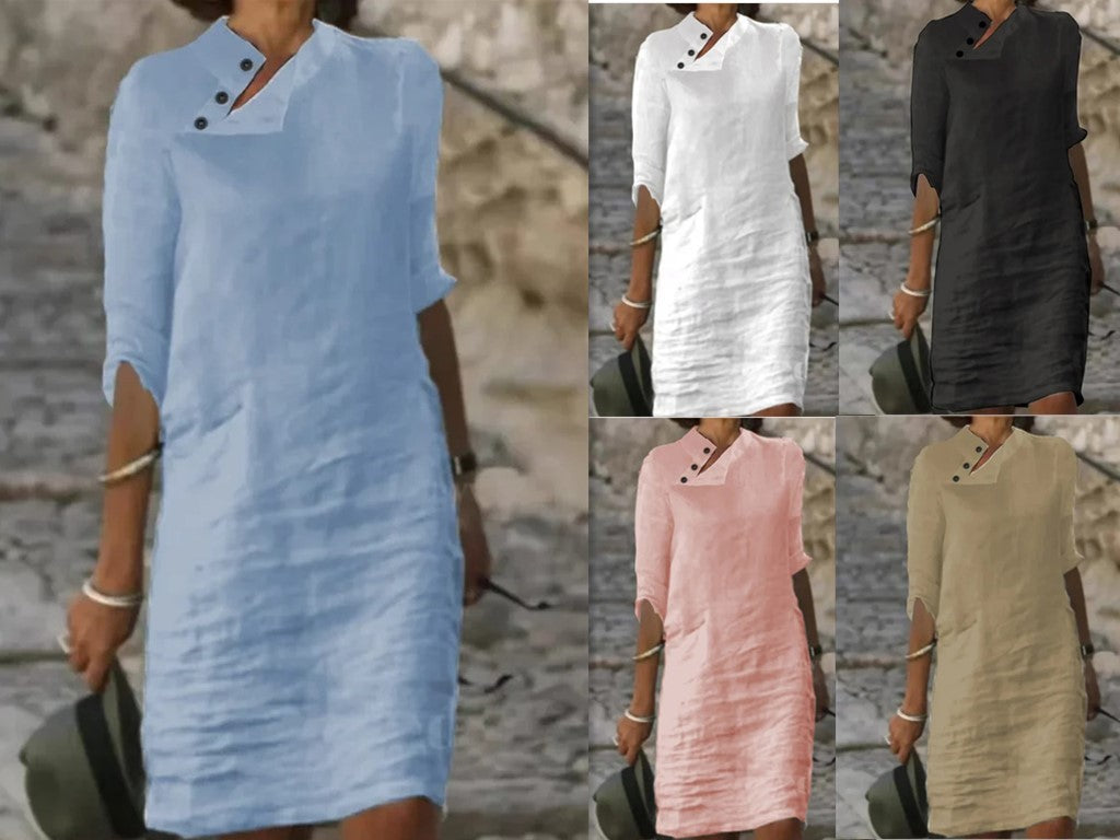 Women's Casual Stand-up Collar Button Cotton Linen Solid Color Mid-sleeve Dress