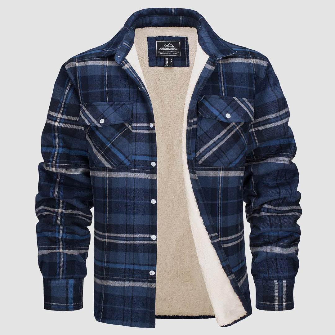 Fleece Lined Men's Jacket Long Sleeve Lapel Plaid