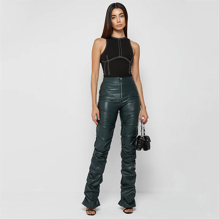 Tight PU Personalized Leather Shrinkage Bootcut Trousers