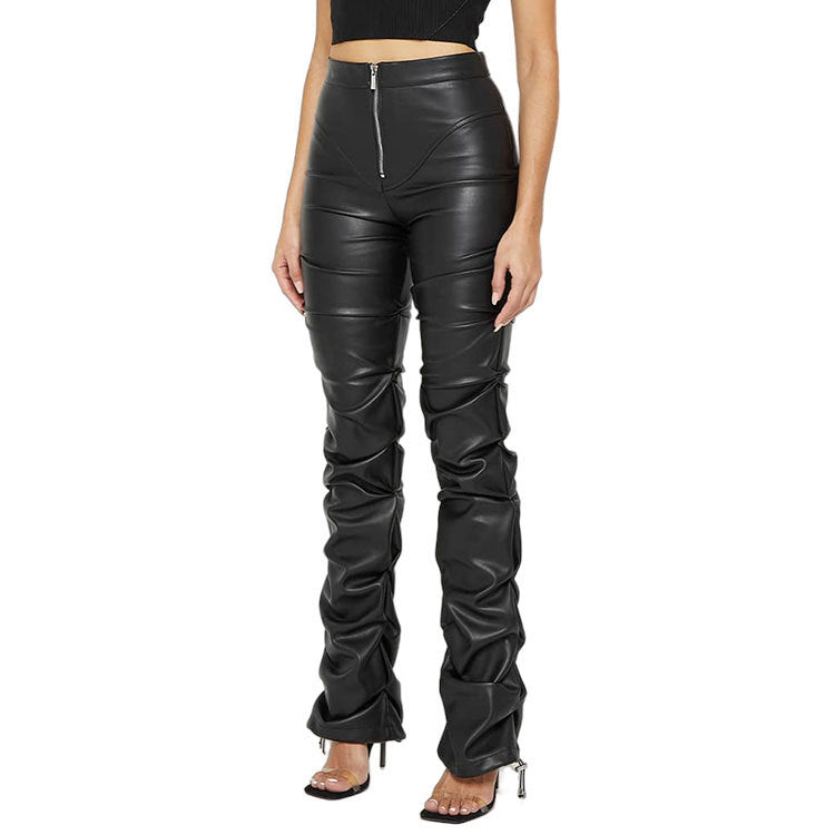 Tight PU Personalized Leather Shrinkage Bootcut Trousers