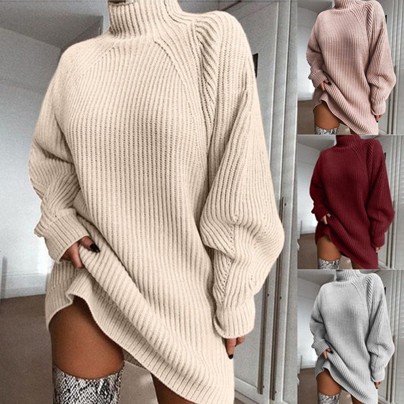 Women's Solid Turtleneck Long Winter Sweater Dress