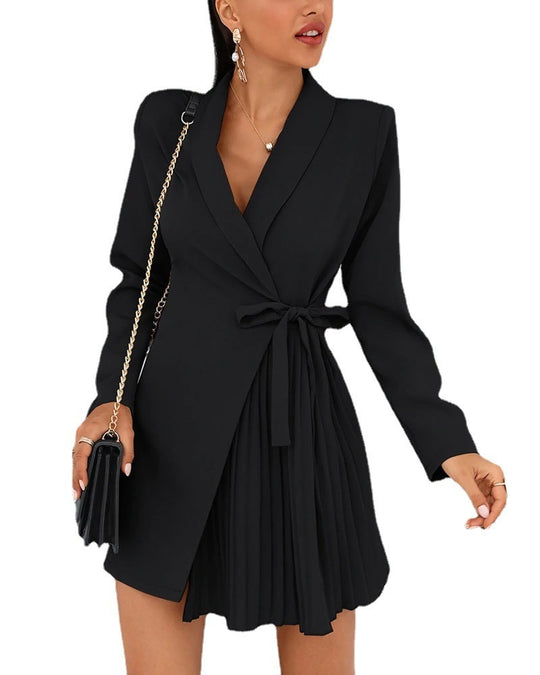 New Solid Color Pleated Suit Coat Dress