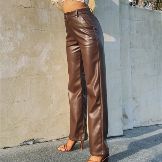 Women's High Waist Loose Wide-leg Leather Pants