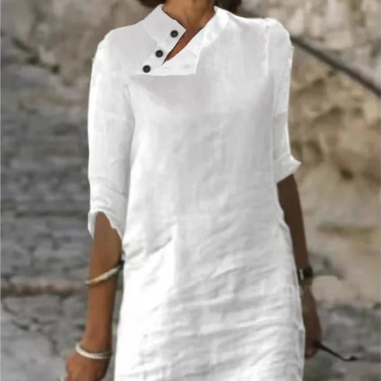 Women's Casual Stand-up Collar Button Cotton Linen Solid Color Mid-sleeve Dress