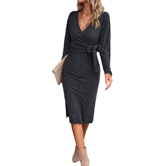 Amazing V-neck Long Sleeve Knitted Tied Dress