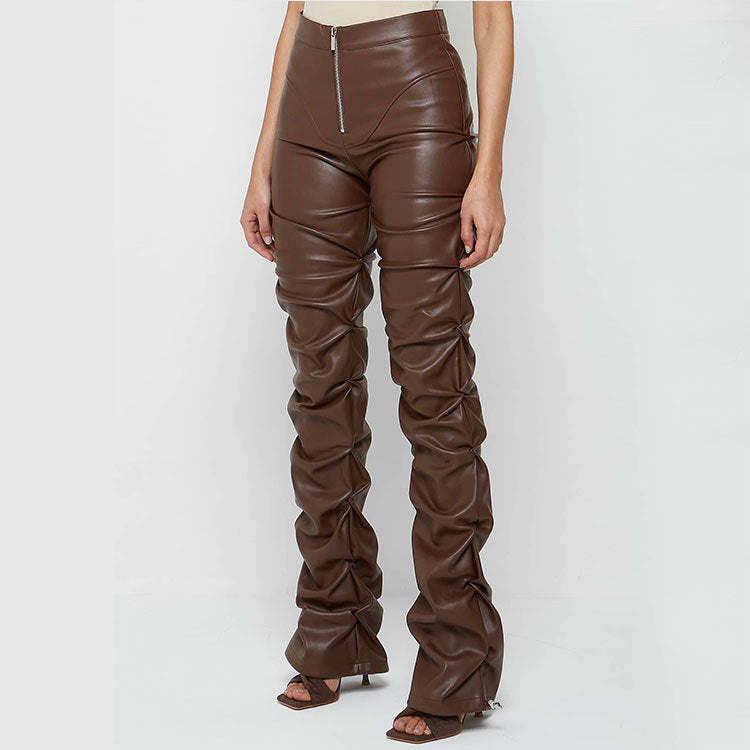 Tight PU Personalized Leather Shrinkage Bootcut Trousers