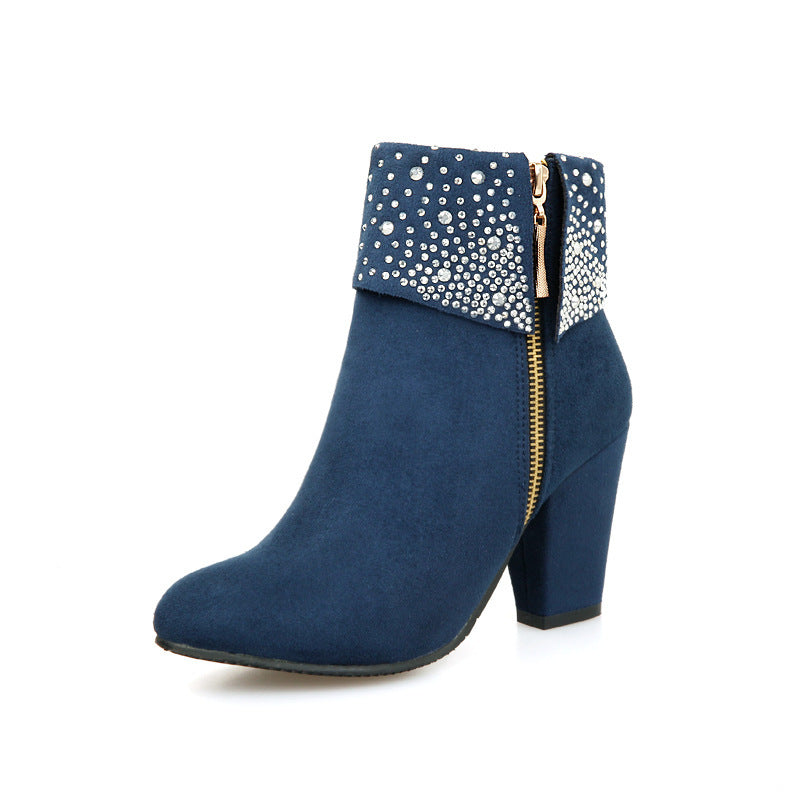 Rhinestone nubuck short heel women boots