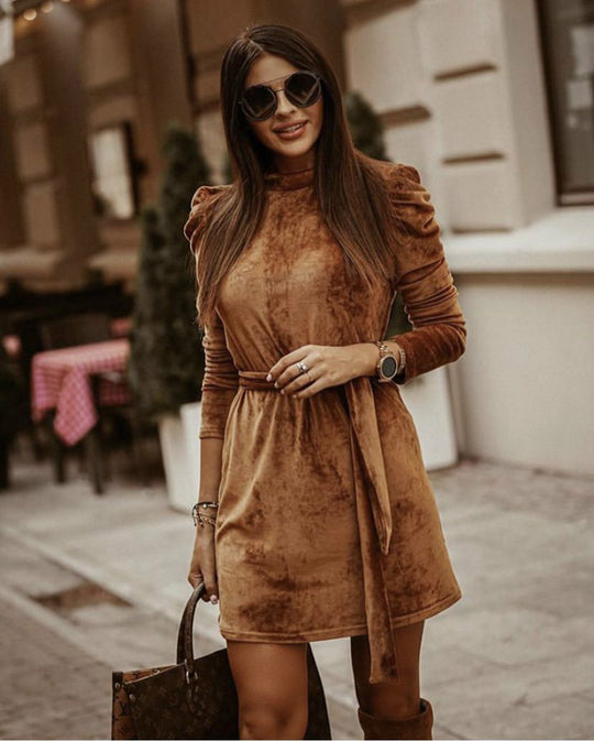 Gold velvet puff sleeve autumn and winter dress