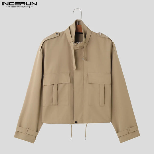 Men's Solid Color Lapel Long Sleeve Jackets. Pockets Zipper Cargo Coats Fashion Outerwear