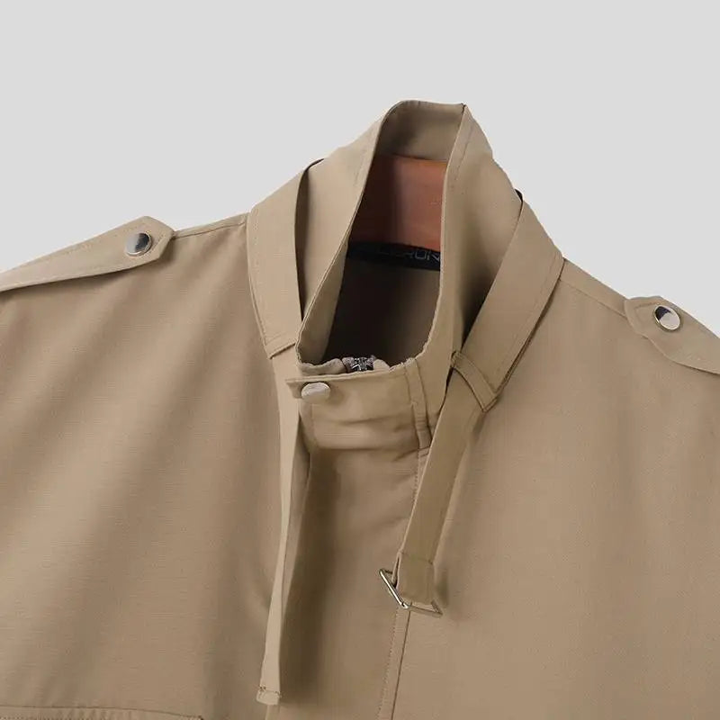 Men's Solid Color Lapel Long Sleeve Jackets. Pockets Zipper Cargo Coats Fashion Outerwear