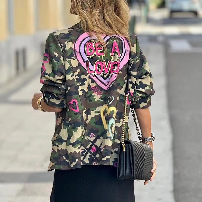 Autumn High Street Camouflage Printed Women's Blazer Jacket Vintage Style Lapel Long Sleeved Casual Button Loose Outerwear