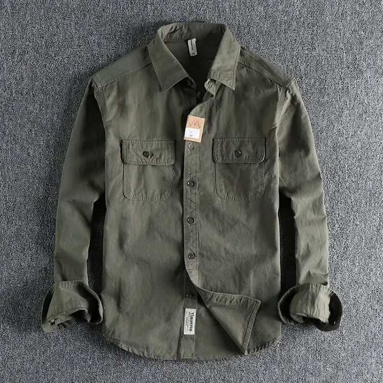 Men Workwear Military Long Sleeve Cotton Shirts. Casual Loose Handsome Versatile Male Cargo and Big Pocket Woven Shirt Jackets