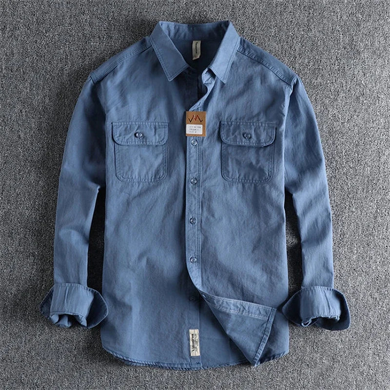 Men Workwear Military Long Sleeve Cotton Shirts. Casual Loose Handsome Versatile Male Cargo and Big Pocket Woven Shirt Jackets