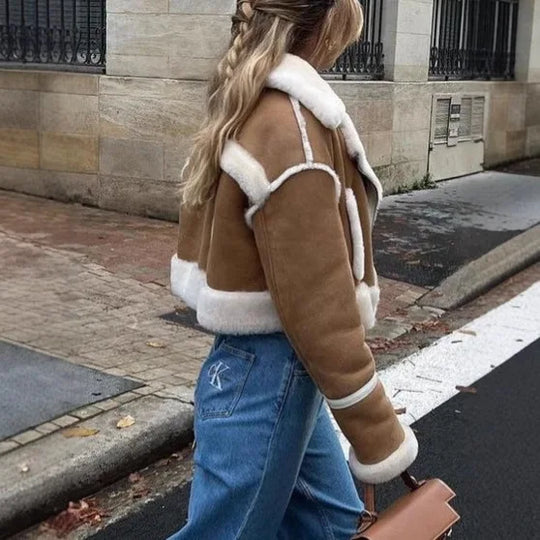 Women Autumn Winter Plush Spliced Leather Jacket. Elegant Lapel Long Sleeves Cropped Coats Fashion Lady Commuting Street Outwear