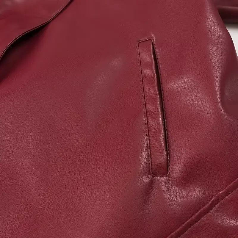 Oligai 2024 Winter Autumn Vintage Faux Leather Jacket Coat Chic Short Belt Bomber Jackets for Women Wine Street Outwear