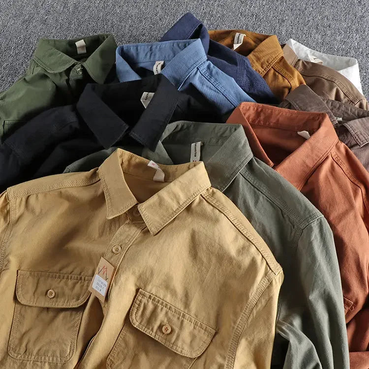 Men Workwear Military Long Sleeve Cotton Shirts. Casual Loose Handsome Versatile Male Cargo and Big Pocket Woven Shirt Jackets