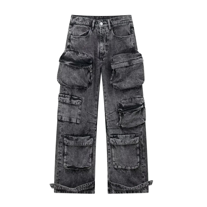 Wide denim pants - multi-pockets streetwear style