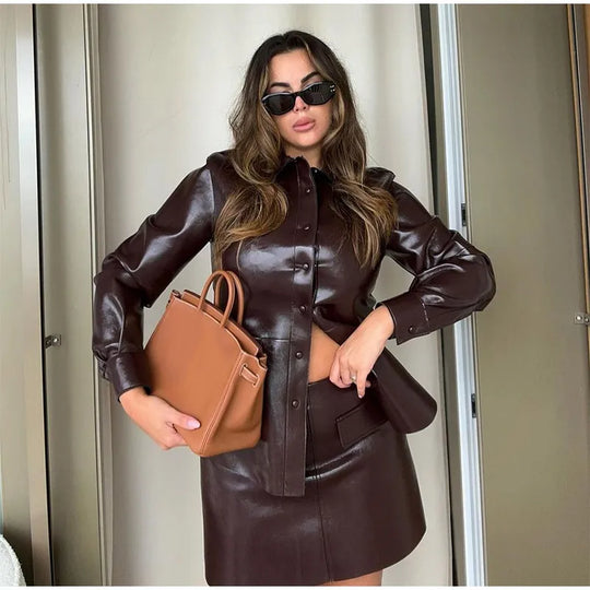 Women Fashion Burgundy Color Lapel Buttons Jackets that Suits Elegant High Waist Solid Leather Mini Skirt Sets 2024 Lady Chic Outfits