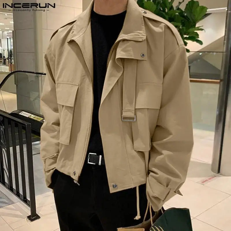 Men's Solid Color Lapel Long Sleeve Jackets. Pockets Zipper Cargo Coats Fashion Outerwear