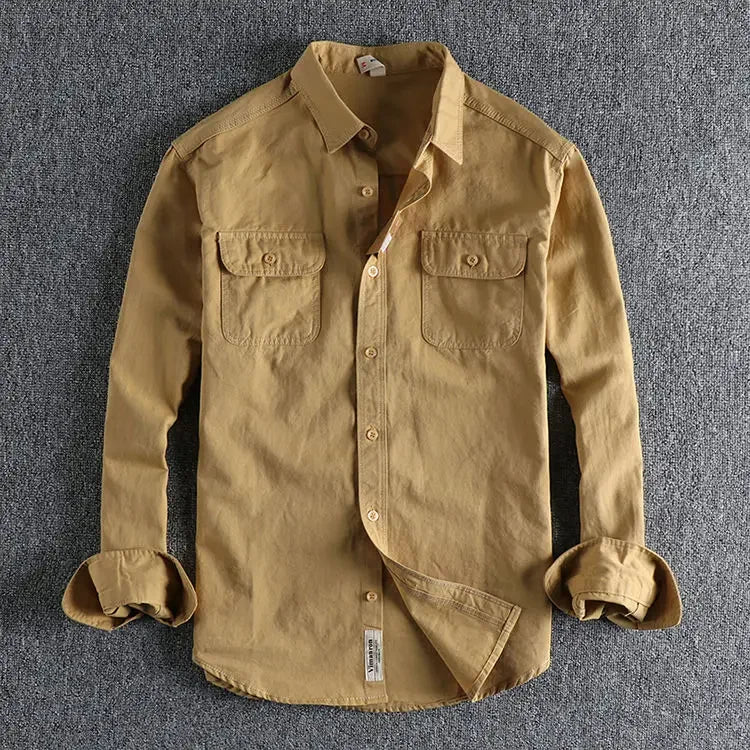 Men Workwear Military Long Sleeve Cotton Shirts. Casual Loose Handsome Versatile Male Cargo and Big Pocket Woven Shirt Jackets