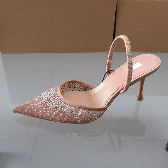 Remy - Spitz Zulaufende Slingback Absätze - Mesh und Edelsteine