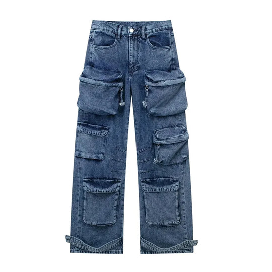 Wide denim pants - multi-pockets streetwear style