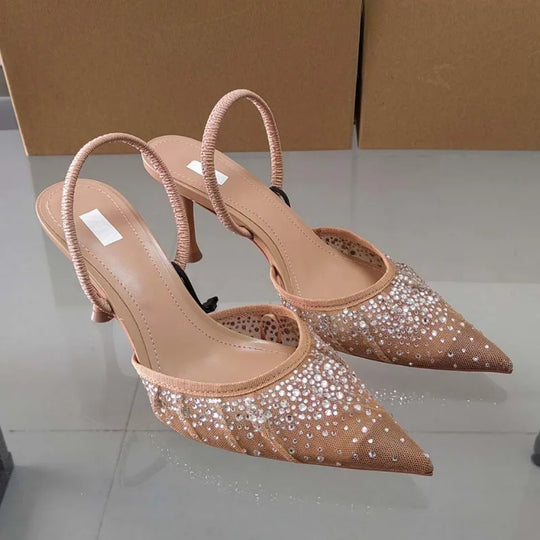 Remy - Spitz Zulaufende Slingback Absätze - Mesh und Edelsteine