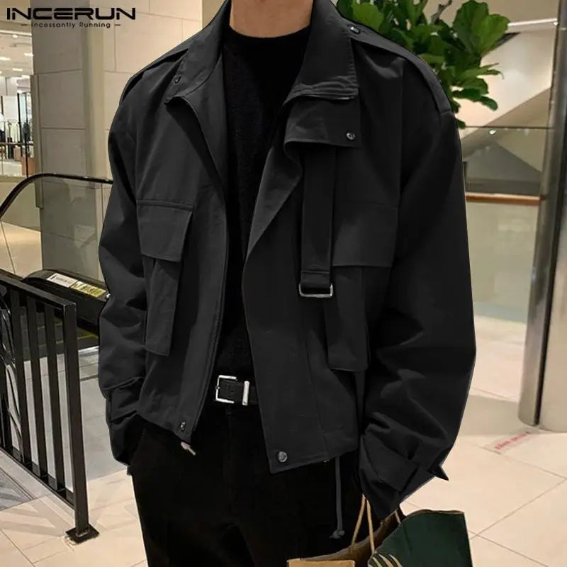 Men's Solid Color Lapel Long Sleeve Jackets. Pockets Zipper Cargo Coats Fashion Outerwear