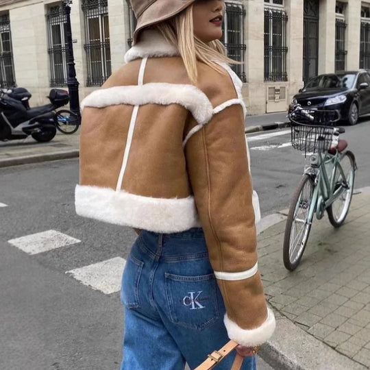 Women Autumn Winter Plush Spliced Leather Jacket. Elegant Lapel Long Sleeves Cropped Coats Fashion Lady Commuting Street Outwear