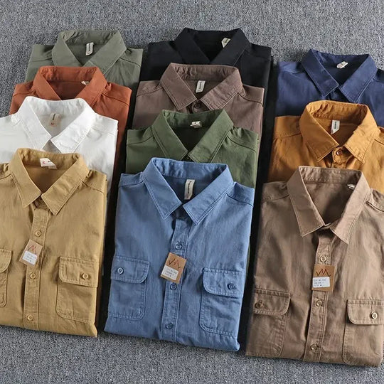 Men Workwear Military Long Sleeve Cotton Shirts. Casual Loose Handsome Versatile Male Cargo and Big Pocket Woven Shirt Jackets