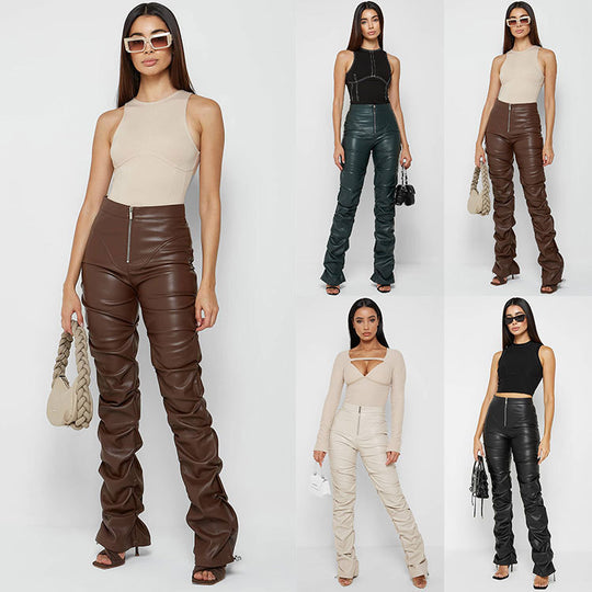 Tight PU Personalized Leather Shrinkage Bootcut Trousers