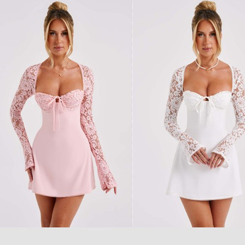 Fashion Corset Lace Long Sleeve Dress Sexy Y2K Backless Lace Up Short Dresses Womens Clothing