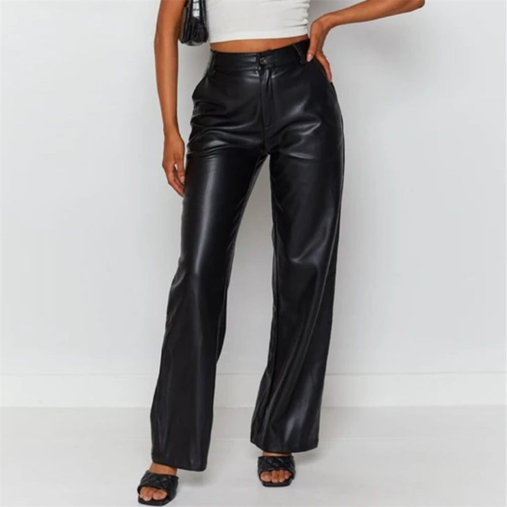 Women's High Waist Loose Wide-leg Leather Pants