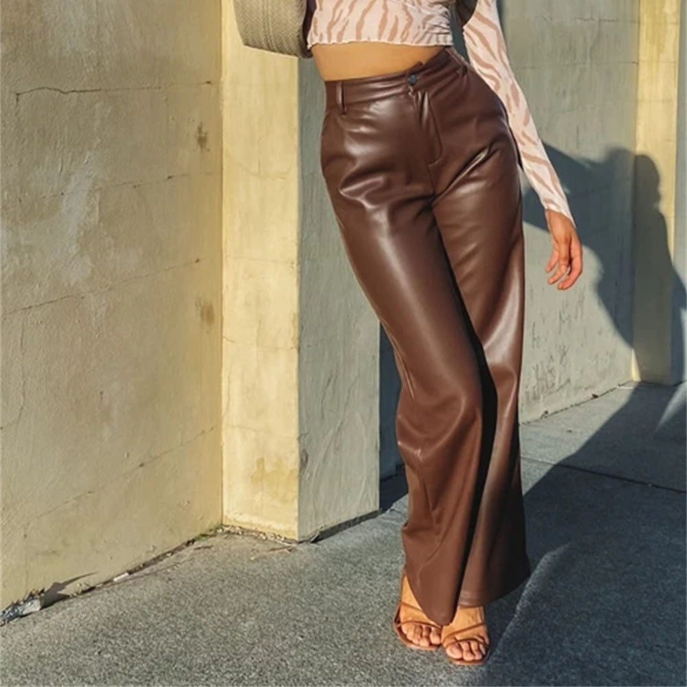 Women's High Waist Loose Wide-leg Leather Pants